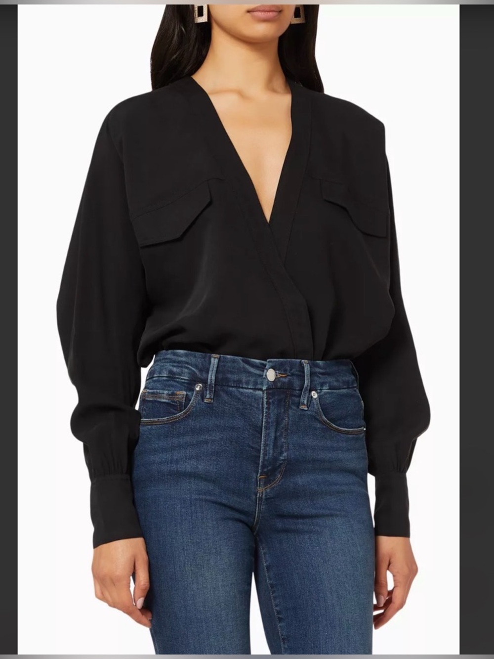 Good American || Black V-Neck Long-Sleeve Blouse Body Suit